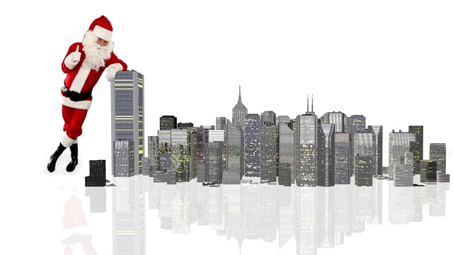 圣诞老人神奇地在白色映衬下建造一座现代城市视频下载