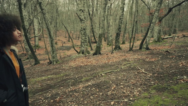 秋色暖秋时树林里的女人视频素材
