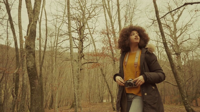 秋色暖秋时树林里的女人视频素材