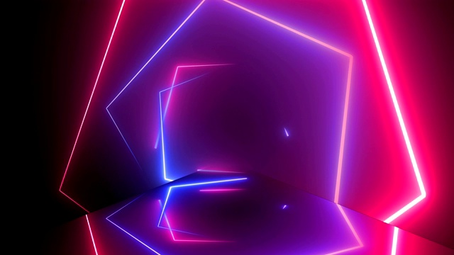 飞行通过发光的旋转霓虹灯方块创建一个隧道，蓝色红粉色光谱，荧光紫外线，现代彩色照明，可循环4K动画视频素材