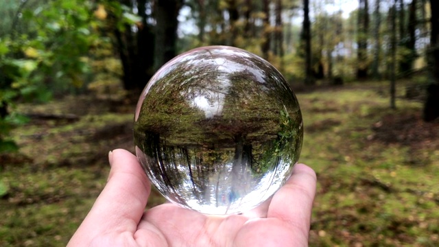 女性手握魔法水晶球越过美丽的自然景观，秋林，季节概念视频下载