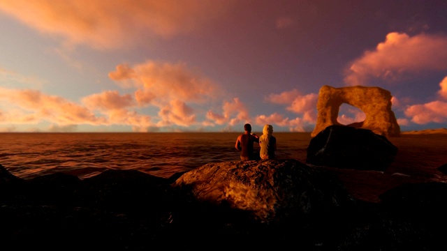一对相爱的情侣坐在海边的岩石上，欣赏美丽的日出视频下载