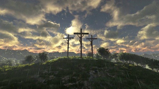 耶稣在十字架上，时间流逝日出，黑夜到白天，下雨视频素材