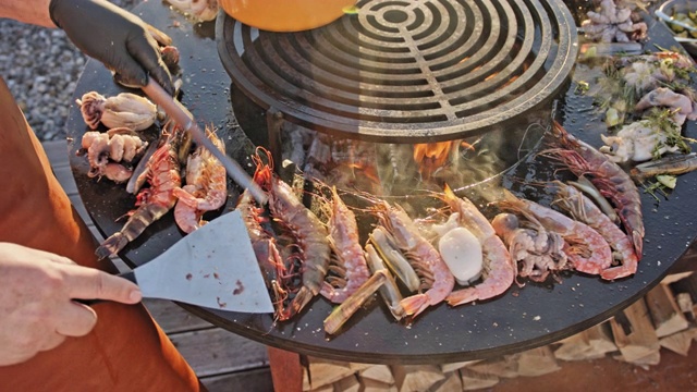 烧烤专业厨师在原木烤架上烹饪/烧烤虾和鱿鱼海鲜。视频下载
