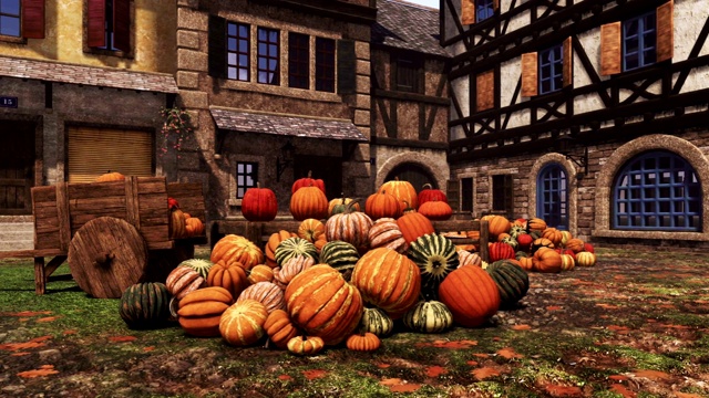 在中世纪小村庄的乡村市场上感恩节秋天的南瓜视频下载
