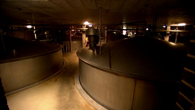 在加工厂里，一个昏暗的房间里装满了大桶。视频下载