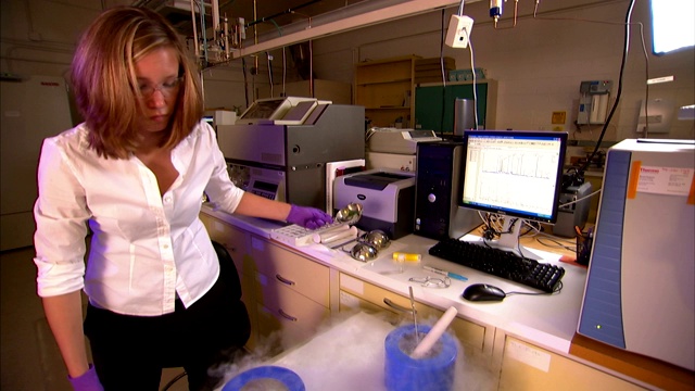 一位科学家将液氮倒在盘子里的一个样本上。视频素材