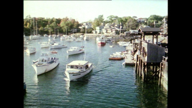 船停泊在风景如画的港口;美国;1981视频素材