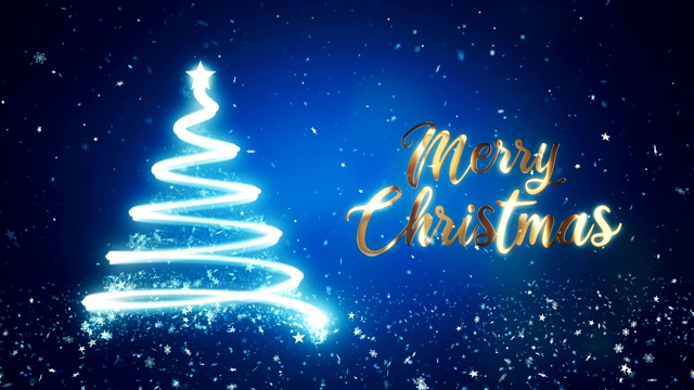 抽象圣诞树在蓝色背景与金色圣诞快乐的文字。视频素材