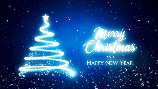 抽象圣诞树在蓝色背景与圣诞快乐和新年快乐的文本。视频素材