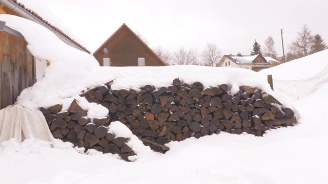 村舍外一堆被雪覆盖的圆木视频下载