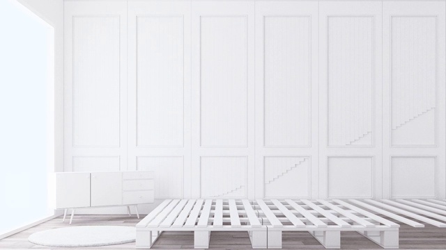 斯堪的纳维亚风格的卧室，白色的墙壁装饰和家具。三维渲染视频下载