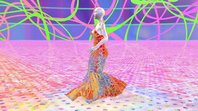 人工外星人女人机器人机器人穿着五颜六色的裙子正在一个抽象的梦幻风景中行走。人工智能。未来的时尚。科幻风格的机器人女孩。CG动画。视频素材