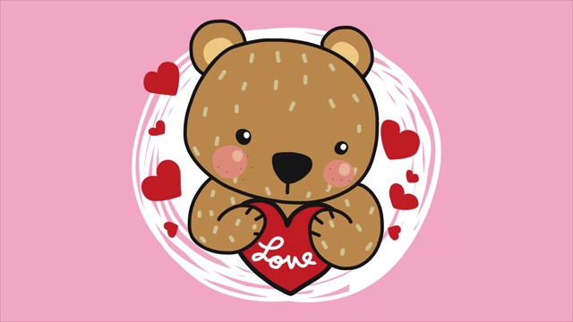 可爱的棕熊抱心卡通涂鸦风格视频下载