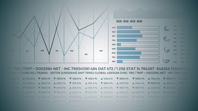 统计数据，金融市场数据，分析和报告，数字和图表。幻灯片3 d效果。视频素材