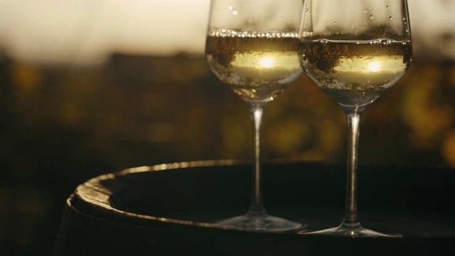 两杯白葡萄酒放在木桶上视频素材