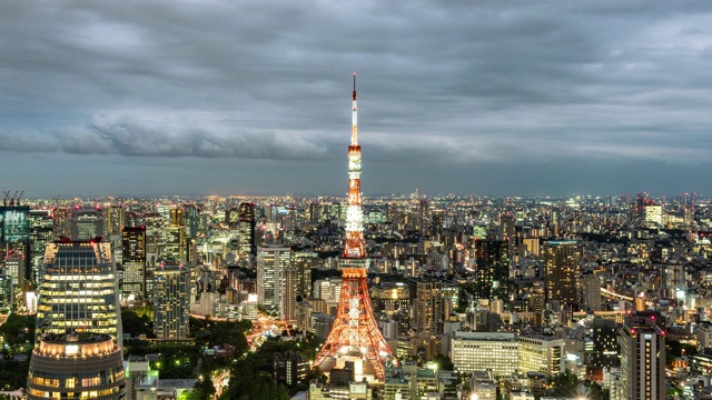 白天到夜晚的时间推移-东京天际线的高架视图视频素材