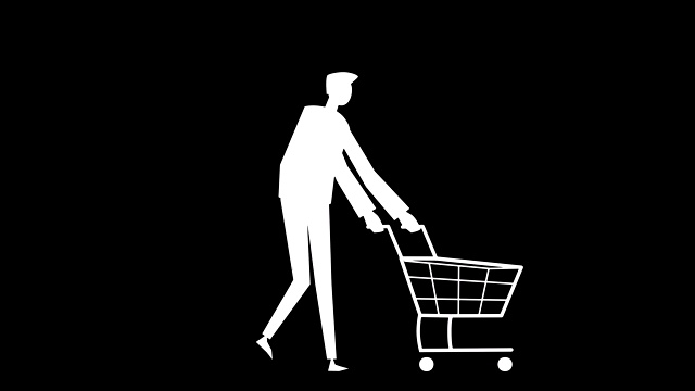 平面卡通多彩的人物动画。男性步行周期与购物车情况视频下载