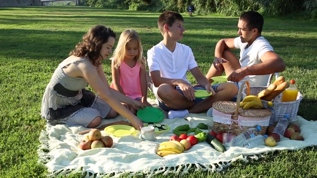 一家四口在绿色草坪上野餐视频素材