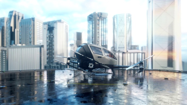 在一个阴天，一架无人驾驶客机飞到这里接乘客。未来无人驾驶空中出租车的概念。动画的3D渲染。视频素材