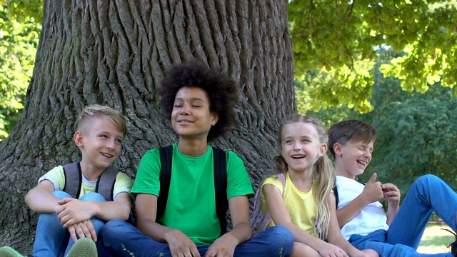 一群欢快的孩子们坐在公园的树下说笑视频下载