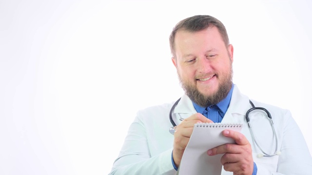 在一个白色的孤立的背景上，一个长着胡子的胖医生视频下载