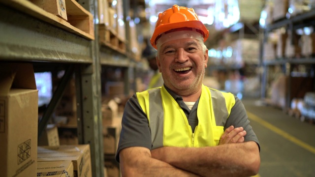 快乐和微笑的工人在仓库的肖像视频素材