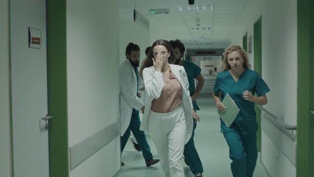 医院里，医生和护士们急匆匆地冲向急救室视频素材