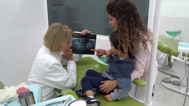 拉丁美洲女性牙医指着x光片解释儿科病人和母亲的东西视频素材