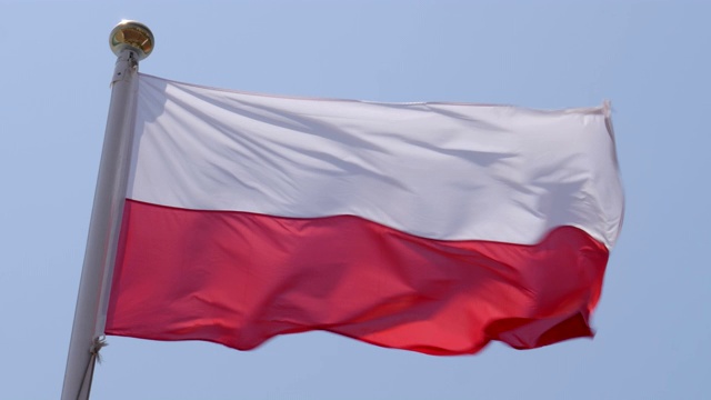 4k特写慢镜头，波兰国旗在温暖、美丽、明亮的夏日骄傲地迎风飘扬。视频素材