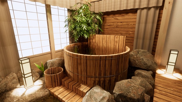温泉房内饰以木质浴室和日式木质装饰。三维渲染视频下载