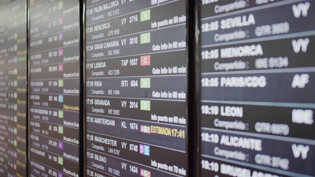 机场起飞牌上有航班、目的地、时间和解码文本视频素材