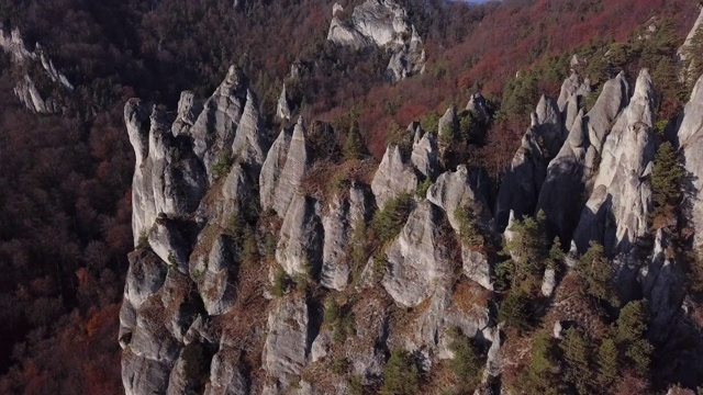 鸟瞰图的苏洛夫岩石形成(苏洛夫斯基skaly)秋季森林。日利纳附近,斯洛伐克视频下载