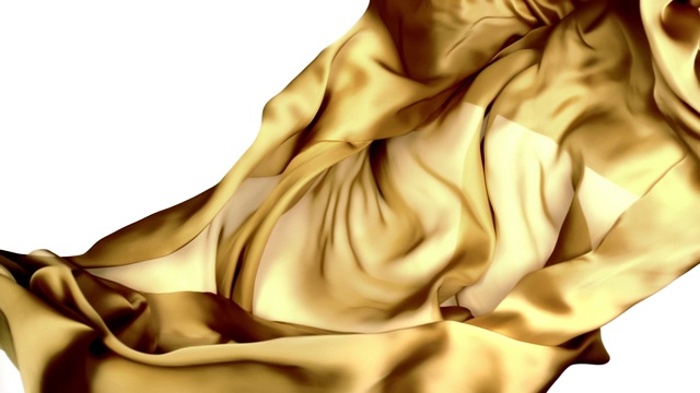 金色丝质织物在超慢的动作中横向流动和摆动，近距离，白色背景视频下载