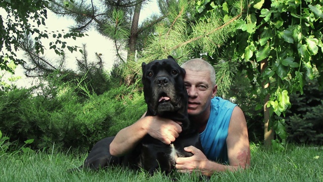 年轻人和他心爱的黑藤科索狗躺在绿草地下的冷杉树视频下载
