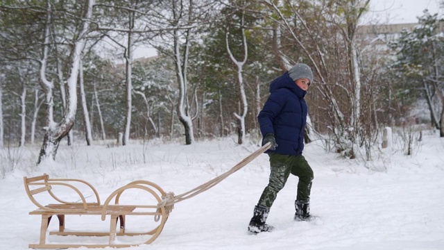 可爱的男孩穿着暖和的衣服在雪天拉木制雪橇。一个在公园里滑雪的小家伙。在森林里，一名穿着海军夹克的孩子正在爬山去拉雪橇。慢动作视频素材