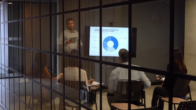 在商务会议上，一名男子使用视觉辅助工具向他的团队讲话视频素材