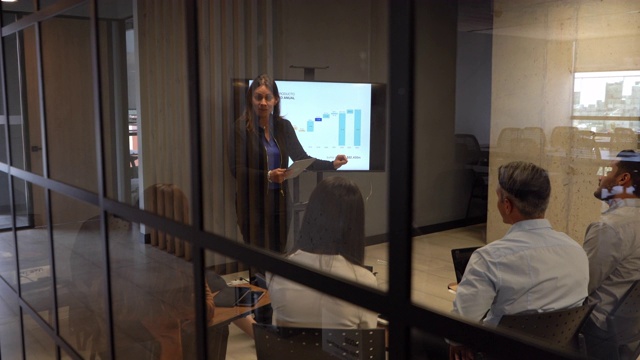 一名女性成年经理在办公室的商务会议上使用视觉辅助对她的团队讲话视频下载