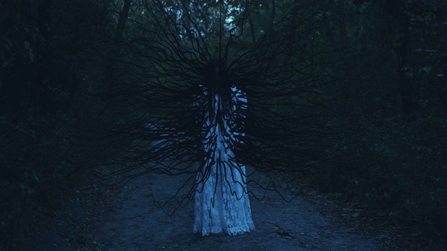 女性病毒宿主，长着黑色触手的怪物站在树林里，变形视频下载