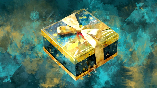 水彩圣诞装饰盒与蝴蝶结的背景彩色斑点。视频下载