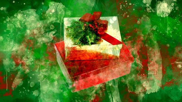 水彩圣诞装饰礼品盒的背景彩色斑点。视频下载