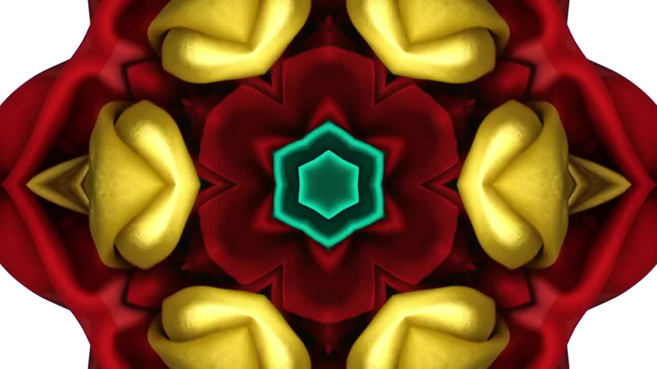 红色、黄色和绿色的丝质面料创造的万花筒图案，在超慢的运动和近距离，白色背景视频下载