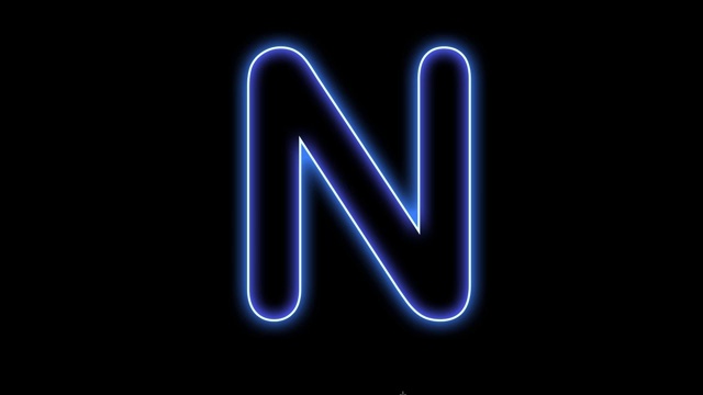 字母N孤立在黑色背景，霓虹灯风格的编辑器。视频下载
