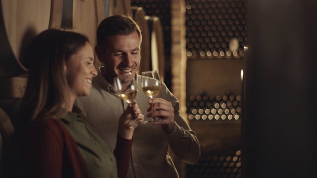 浪漫情侣在酒窖里品酒视频素材