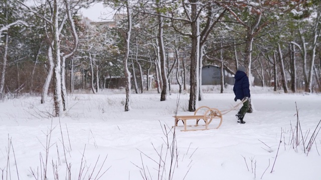 可爱的男孩穿着暖和的衣服在雪天拉着木制雪橇跑。一个在公园里滑雪的小家伙。在森林里，一名穿着海军夹克的孩子正在爬山去拉雪橇。慢动作视频素材