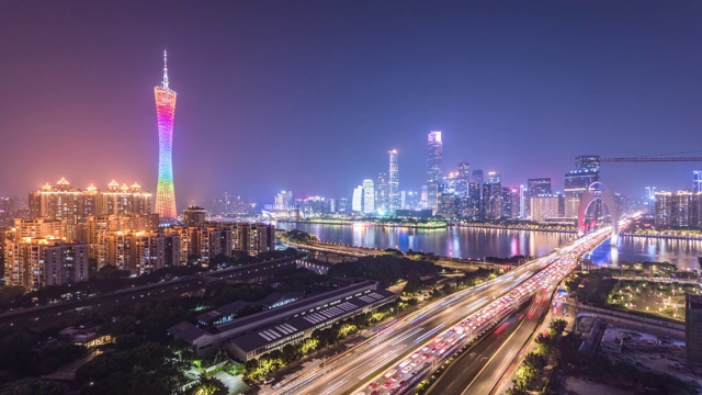 夜间的广州天际线，中国广东省视频下载