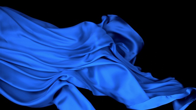 金属蓝色丝质面料在超慢的动作中横向流动和摆动，近距离，黑色背景视频素材