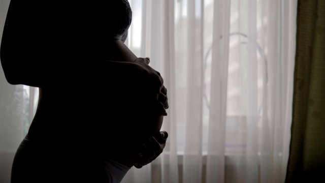 孕妇的剪影抚摸和爱抚她的肚子对着一扇窗户视频素材