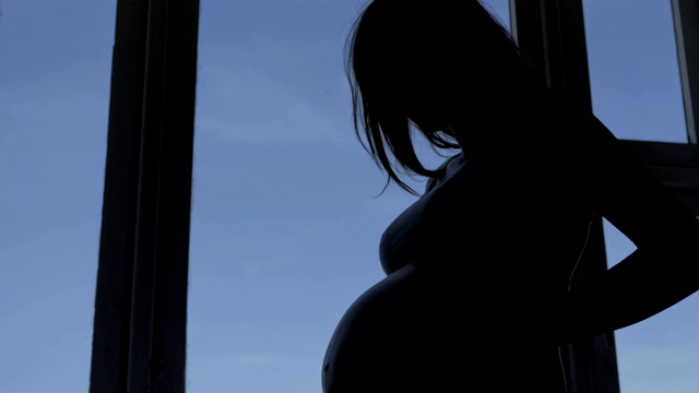 苗条孕妇的剪影，抚摸她的肚子站在窗户附近视频素材