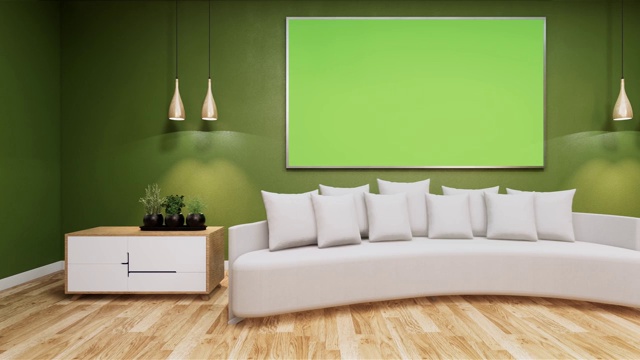 客厅墙上有白板，房间颜色绿色。3 d rednering视频下载